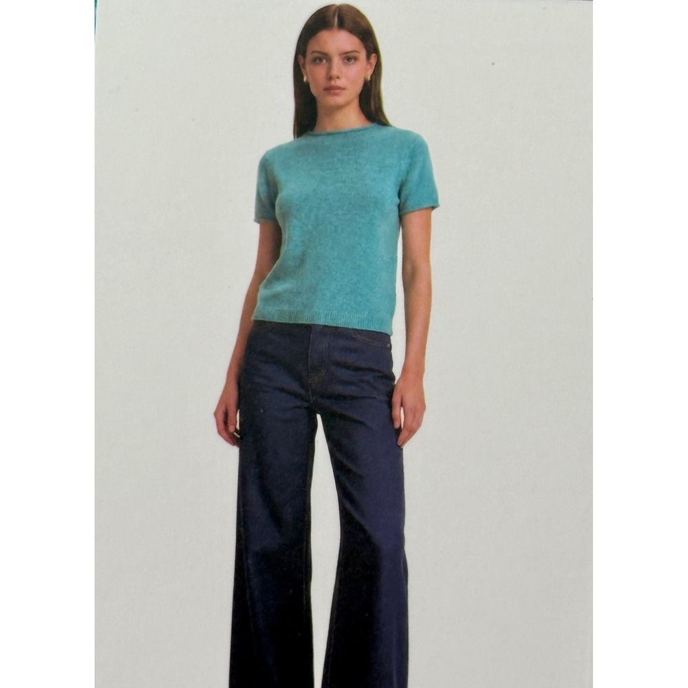Sweater Top  L Teal Blue NWT Short Sleeve Crew Neck Knit Rolled Edge Minimalist